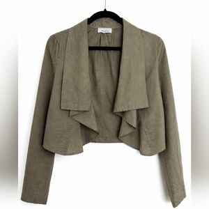 Women's Linen Olive Cropped Draped Waterfal Green Jacket